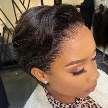 ナチュラルスムースウィッグ,レースキャップ付き,レミー品質の髪,ピクシーカット,滑らか,13x6x1,密度180%,女性用