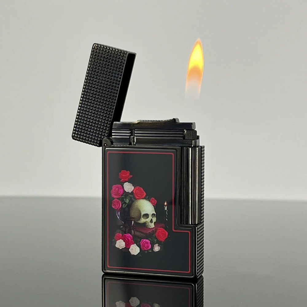 

mechero Luxury Lighter Black Copper - Floral Skull & Paris Nail Pattern Chinese Lacquer Men's Gift Butane Refill Gothic Style