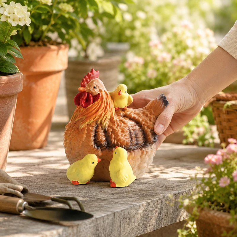 Country Style Resin Hen Chicks Family Figurine Set Farm Animal Statue for Cottage Garden Balcony Stone Table Decor Accent view 2