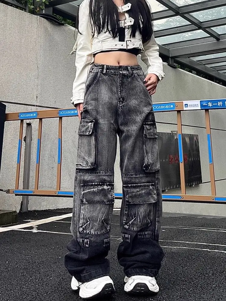 Trashy Y2K 2000S Streetwear Lavato Nero Baggy Cargo Jeans Pantaloni Per Le Donne 90S Abbigliamento Vintage Gamba Larga Hip Hop Lady Pantaloni