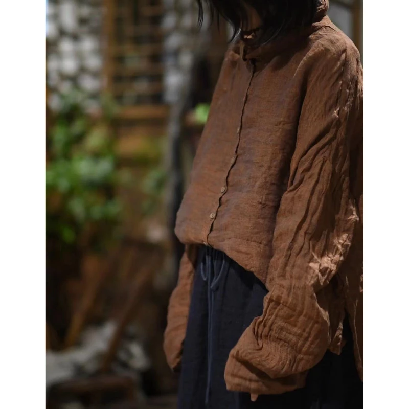 

Women Vintage Ramie Half turtleneck Single Button Shirt Female Long Sleeve Autumn Causal Clothes 2025 High Quality Loose Blusas