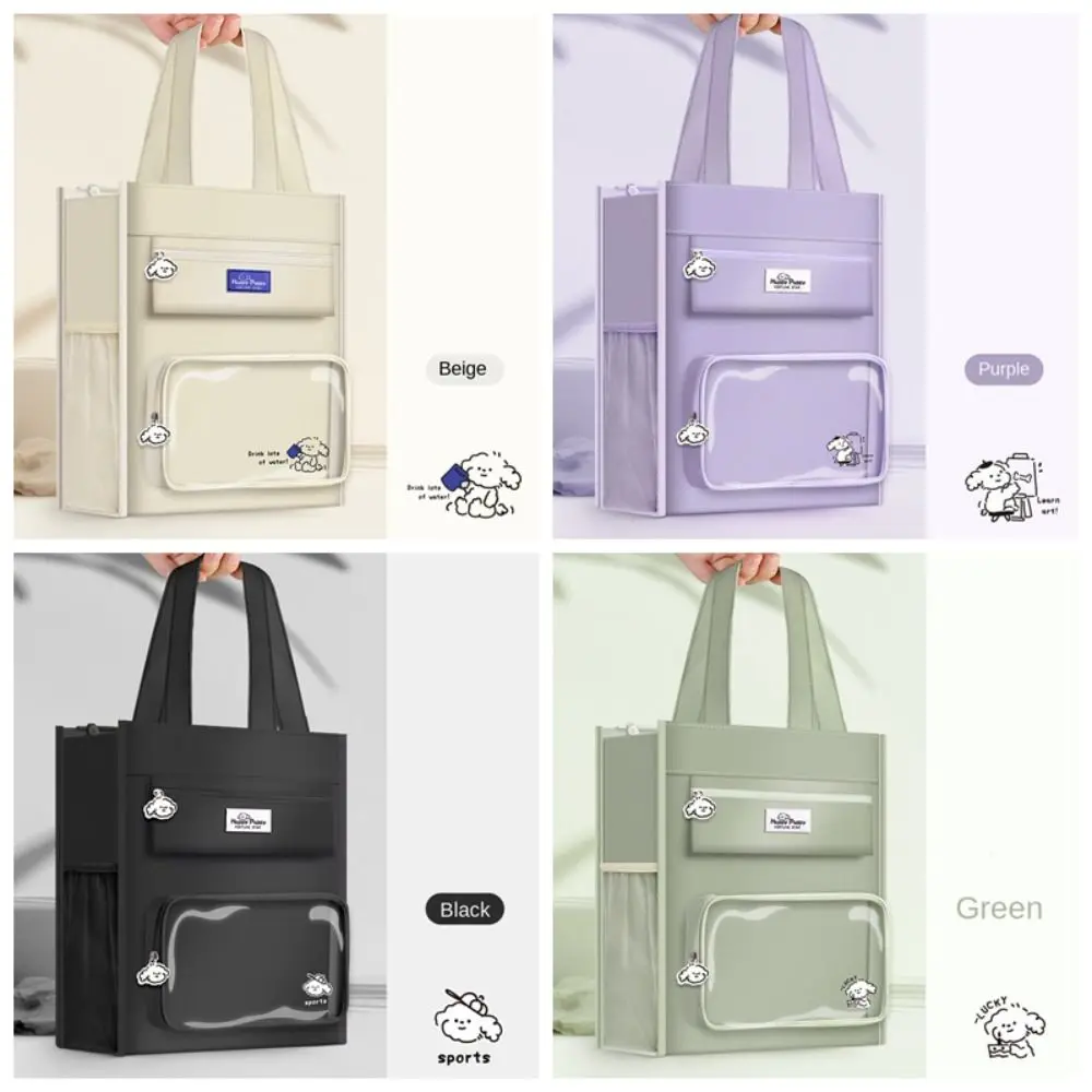 Canvas Student Tote Bag Transparent Multi-pocket Hand-held School Bag Portable Casual Canvas Storage Handbag Office Worker