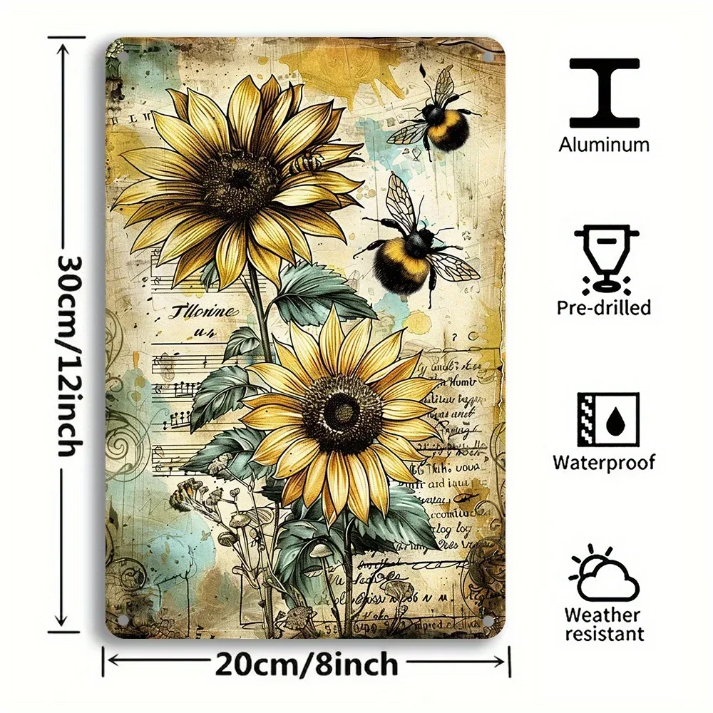 1 pezzo di girasoli e api vintage in metallo da parete, dimensioni 8x12 pollici, costruzione in ferro, insegne decorative rustiche per interni ed esterni