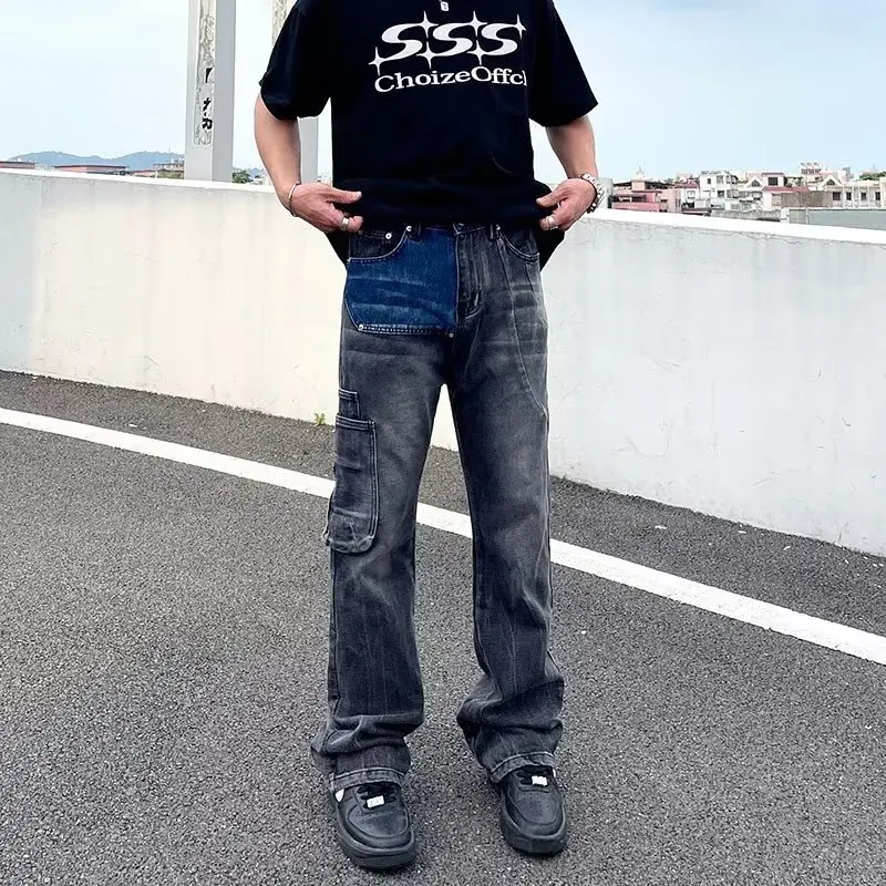 Celana Jeans Patchwork Hitam Biru Model Baru Berkualitas Tinggi, Model Micro Flared, Nyaman, Bahan Denim Stretch untuk Pria dan Wanita