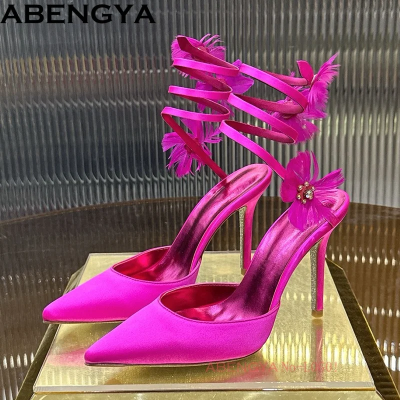 Summer Crystal Fur High Heels Sandals Woman Satin Ankle Strap Wedding Shoes For Woman Point Toe Gladiator Sandals Women 2026