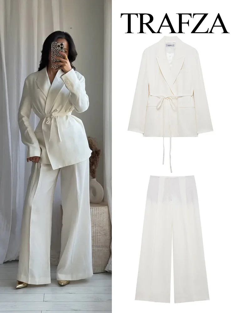 

HH Women Chic Suits White Turn-Down Collar Long Sleeves Lace-Up Blazers+High Waist Zipper Long Pants Female Spring Sets