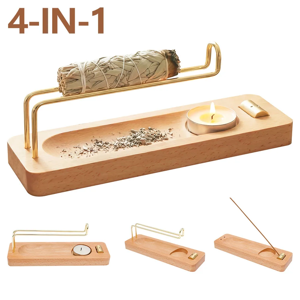 Incense Stick Holder Wooden Incense Burner Holder 4 in 1 Multi-purpose Sage Holder for Home Office Burning Palo Santo Sage Stick