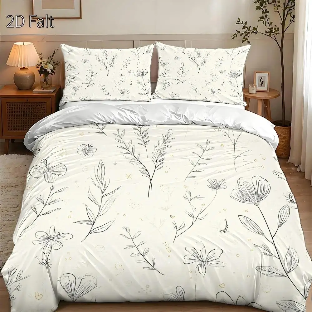 3-Piece Quilt Cover Set, 1 Quilt Cover + 2 Pillowcases (Without Filling) 2D Flat Priting, Three-Piece Quilt Cover Set, Natural Plant-Themed Pattern, Simple Hand-Painted Style, No Specific Holiday Theme, Suitable for All Seasons, Machine Washable, Invisible Zipper, Large Quilt Cover Set, Bedding Set, Skin-Friendly, Breathable, Soft and Comfortable, Does Not Fade or Pill, Suitable for Home/Dormitory/Master Bedroom/Guest Room