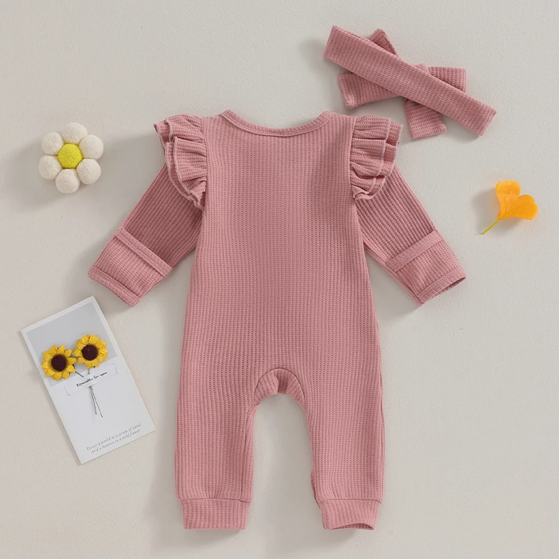 Newborn Infant Girls Solid Color Waffles Jumpsuits Baby Long Sleeve Ruffle Zipper Romper with Headband Sets Lace Baby Clothes