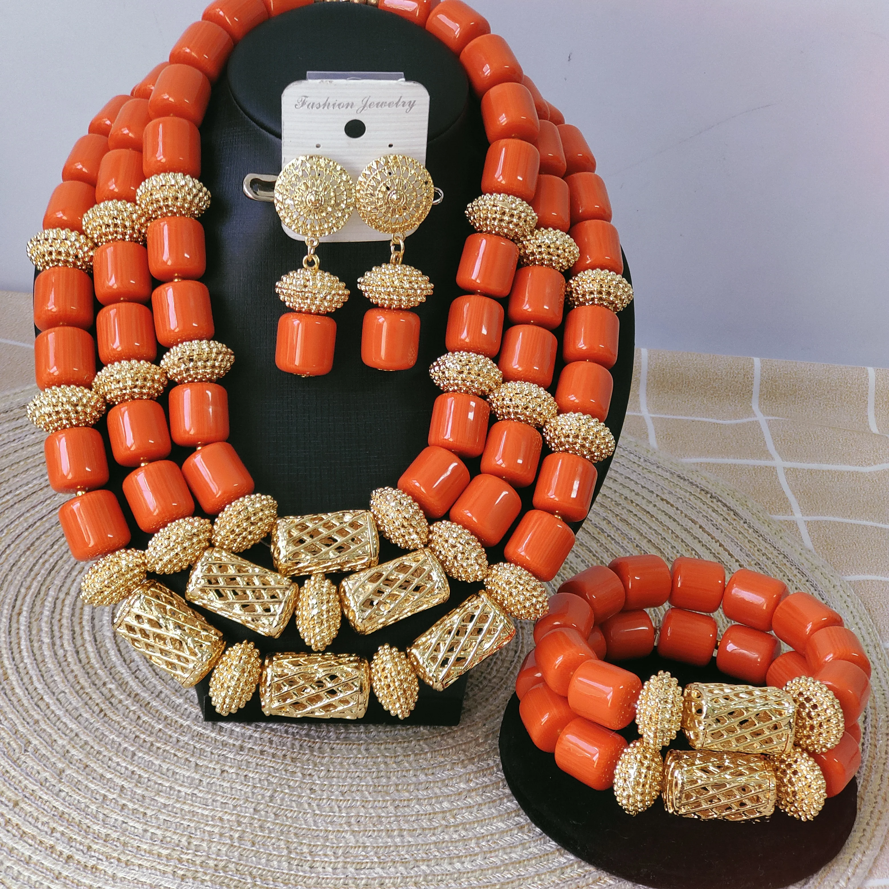 Orange Resin Coral Bead African Jewelry Set Nigerian Igbo Traditional Wedding Coral Beads