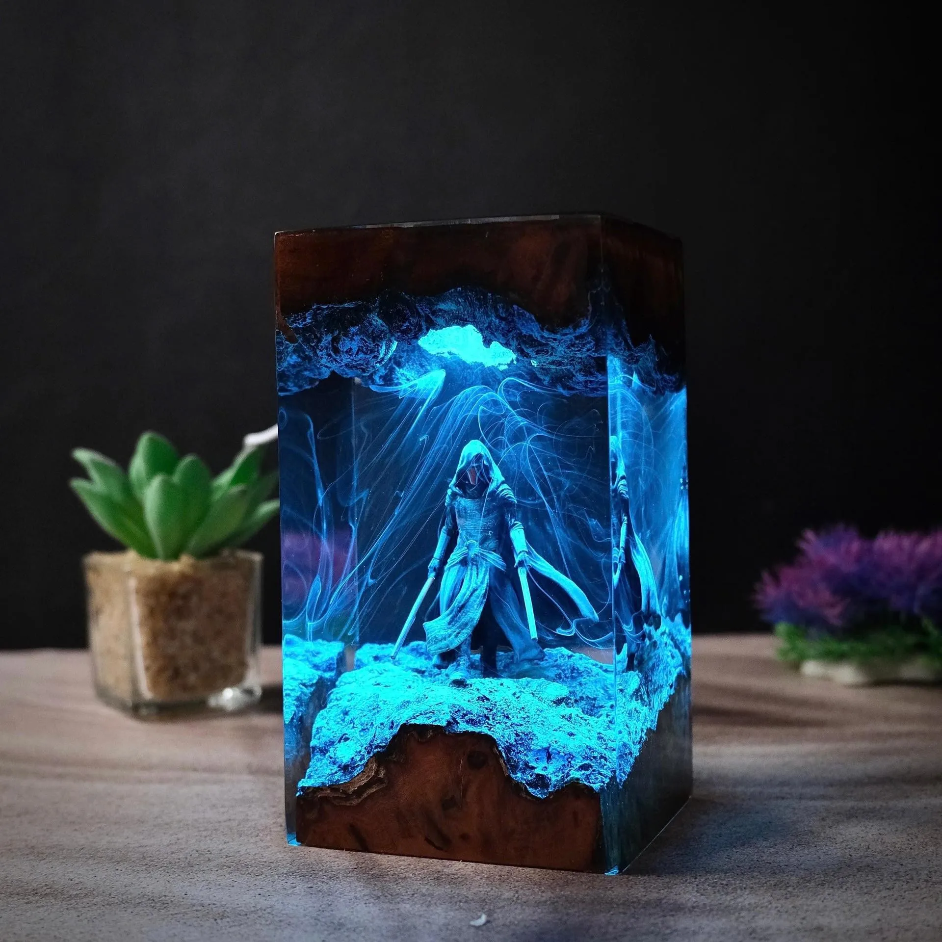 Color Changing Resin Lamp Double Sword Warrior LED Night Light Epoxy Glowing Figurine RGB Desk Ornament for Room Decor