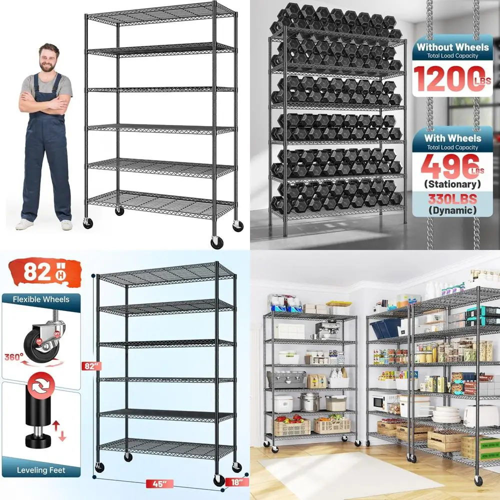 6-Tier Adjustable Metal Wire Shelving with Wheels, 82H x 45W x 18D, Heavy Duty Pantry Racks, 1200LB Capacity
