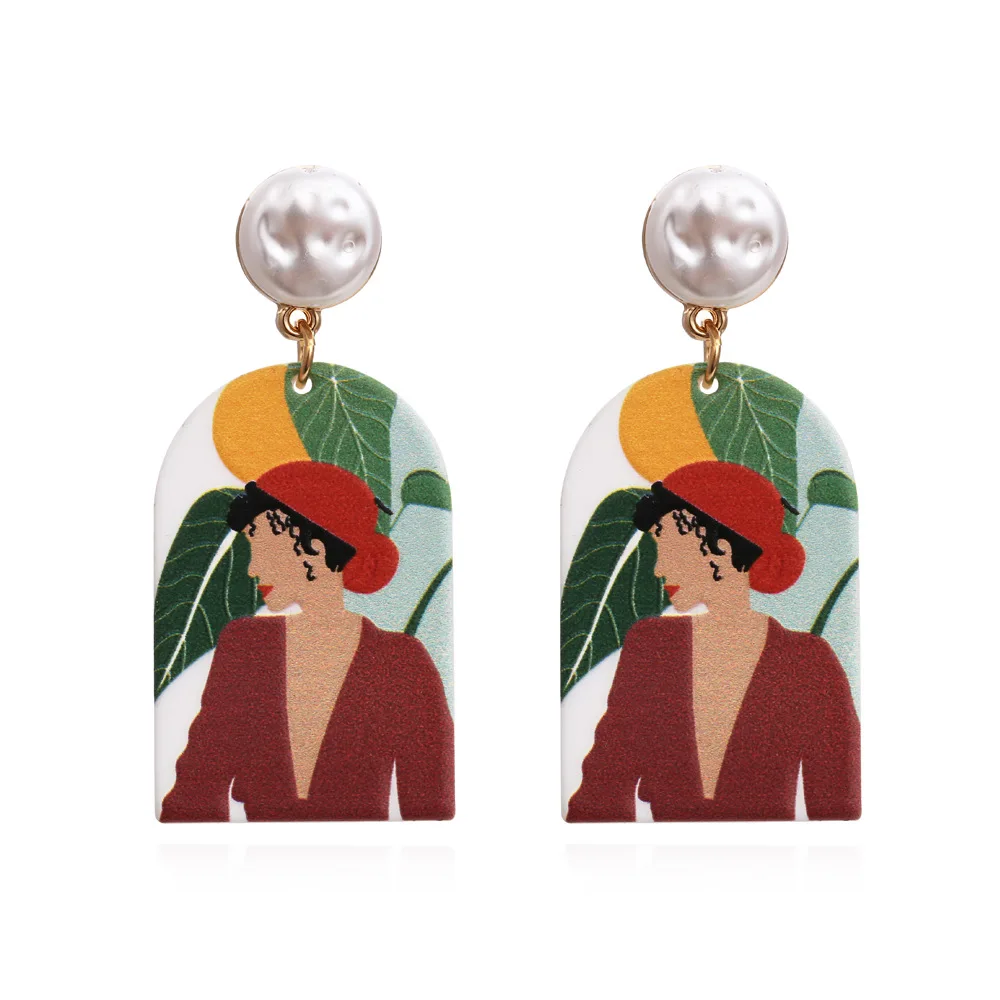 Exaggerated painted resin pearl earrings retro pastoral abstract figure print acrylic earrings earrings