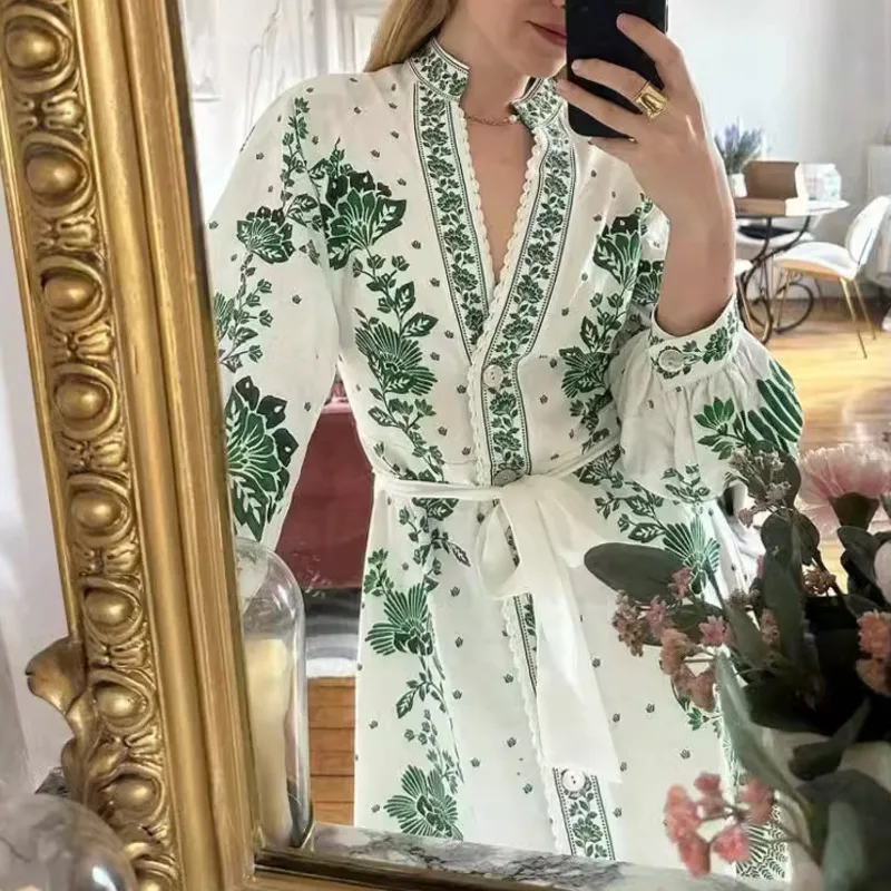 

Printed Loose Single Breasted V Neck Lantern Sleeve Vacation Dress Women's Comfortable Unique Lace Trimmings Mid Length Skirt