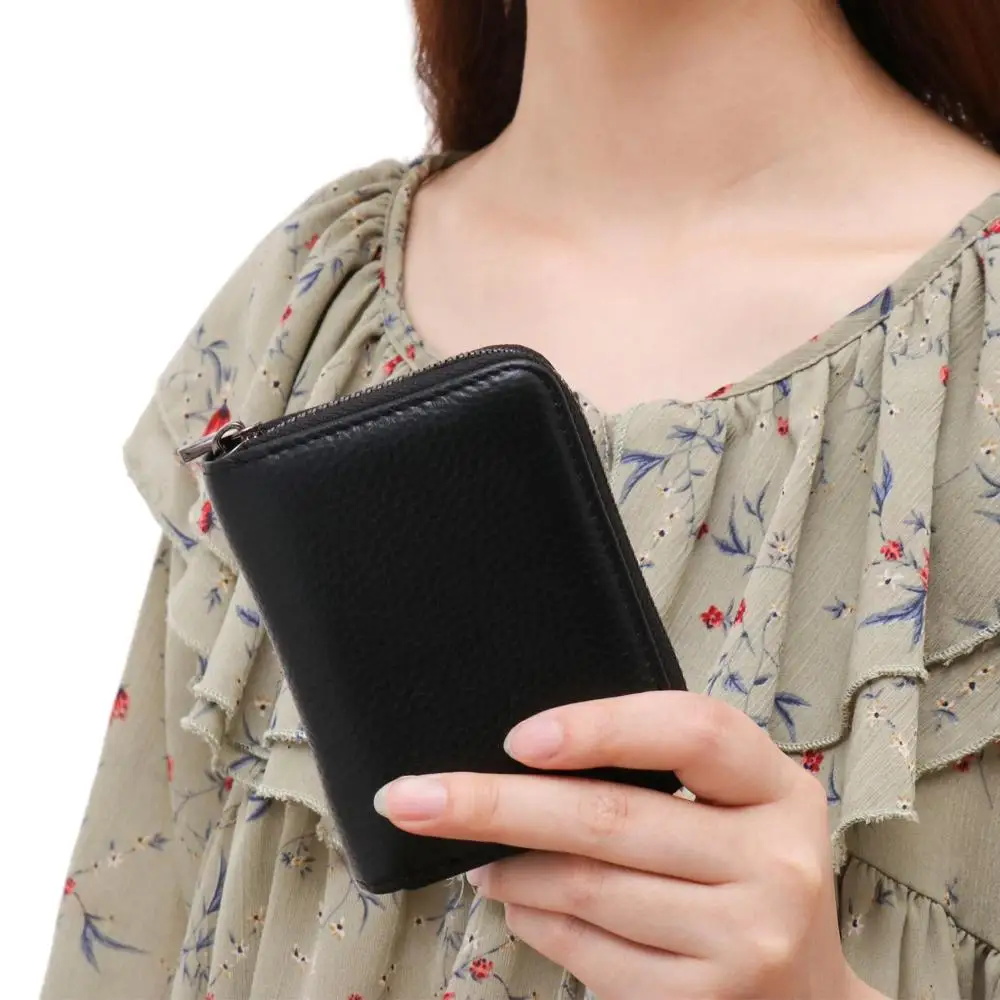 Dompet Kulit Asli Anti-RFID dengan Ritsleting, Tempat Kartu Kredit