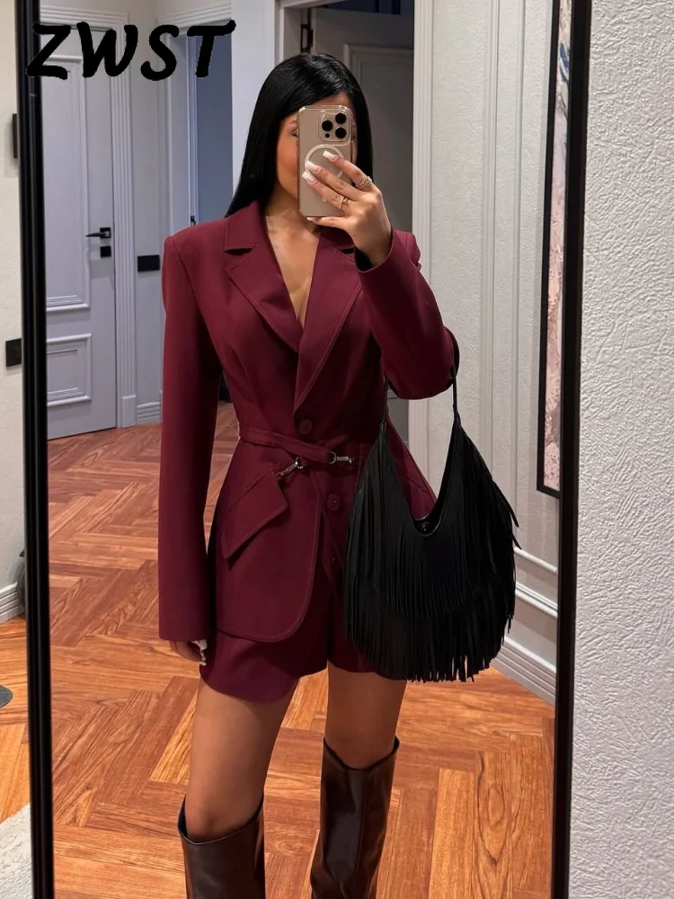 

Повседневный винно-красный пиджак с поясом, женский однотонный тонкий однобортный женский пиджак с длинными рукавами и лацканами, весна 2026, женская верхняя одежда