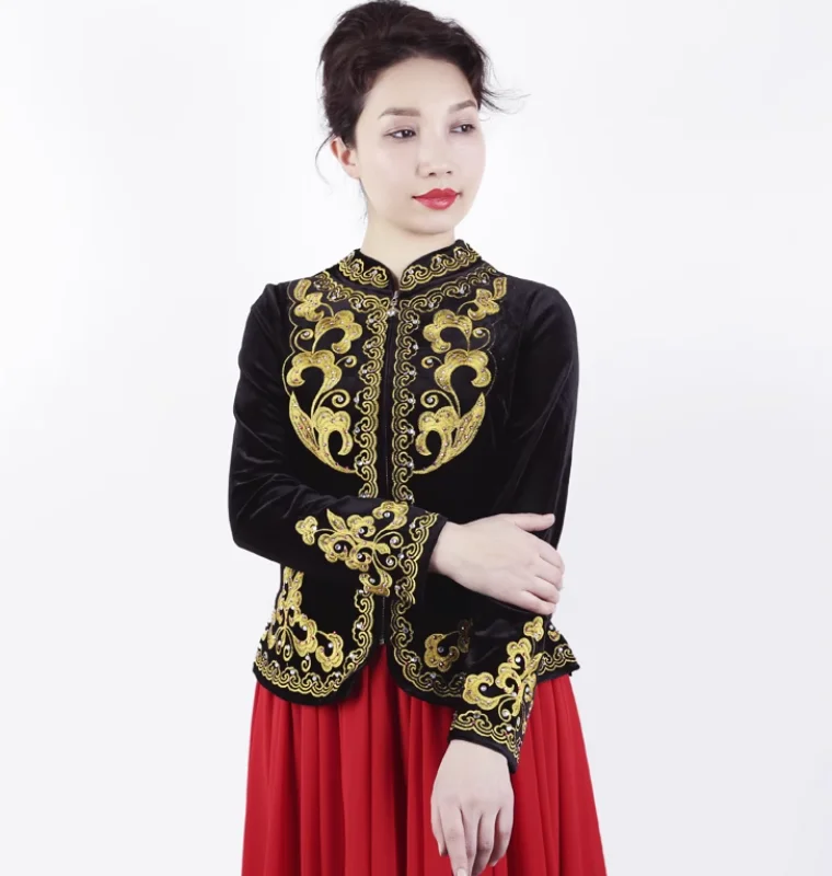 

Chinese Women's Gold Velvet Embroidered Hot Diamond Performance Dress Xinjiang Dance Short Top