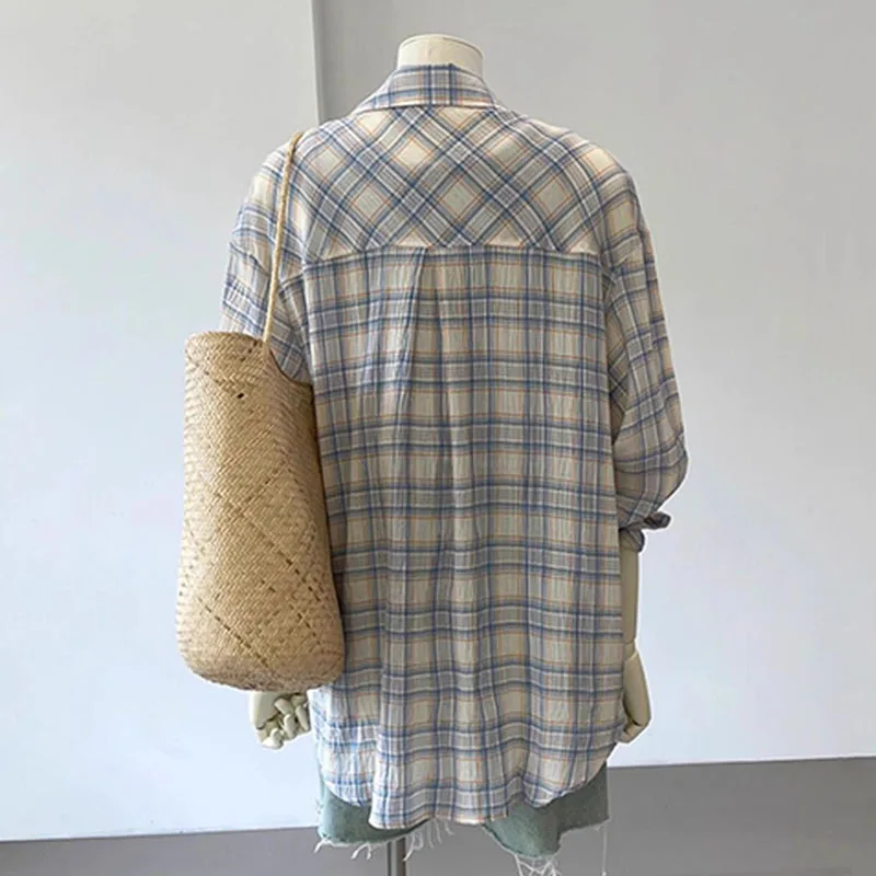 2026 Women Spring Summer Long Sleeve Plaid Shirt Vintage Oversized Loose Fit Blouse for Woman New Fashion Y2K Checkered Shirts