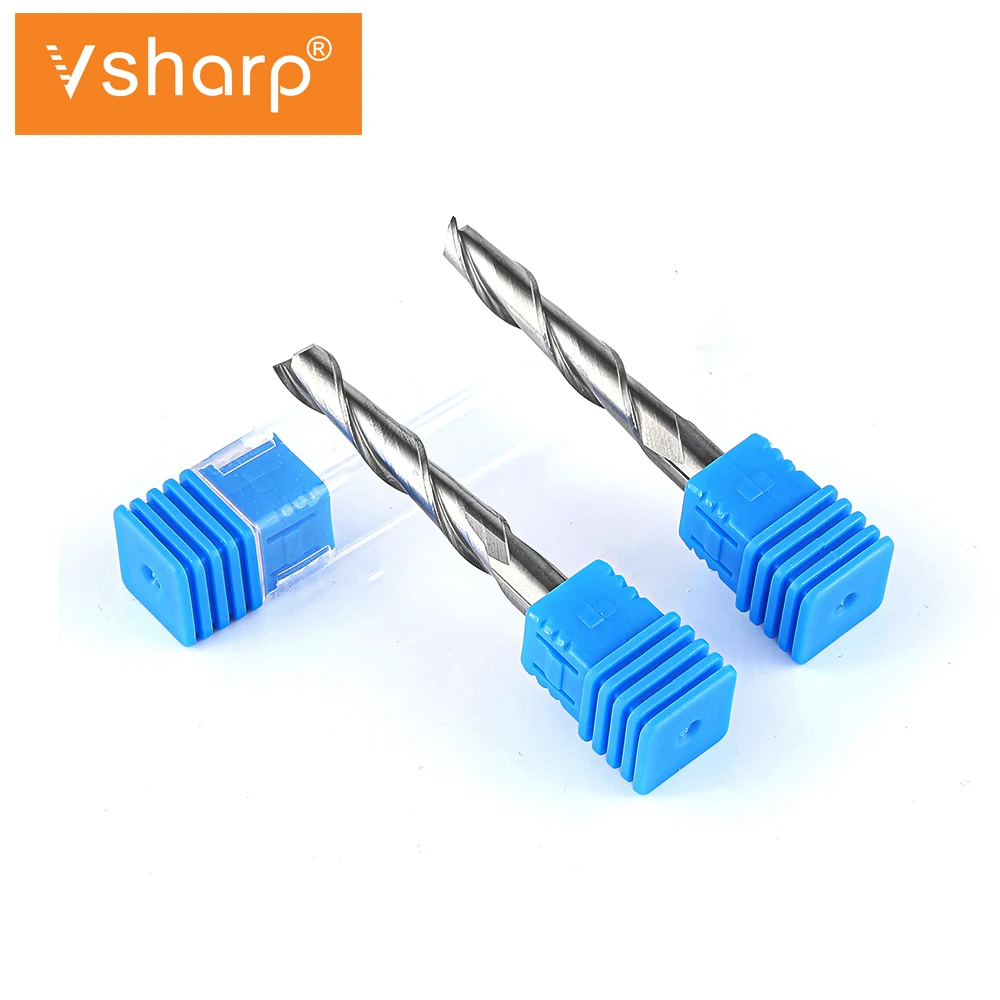 Vsharp-broca enrutadora de grabado CNC, fresa de punta plana, 2 dos flautas, herramienta de corte en espiral, brocas de carburo para madera, MDF y PVC