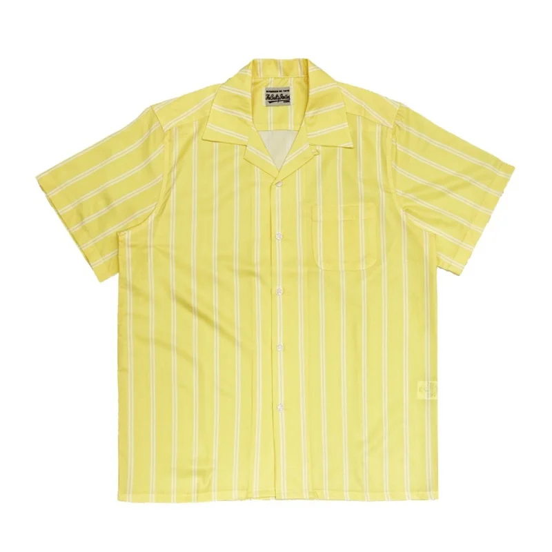 New Best Quality Yellow Black WACKO MARIA Solid Colour Patchwork Stripe Simple Hawaii Mens Womens Short Sleeve Shirt