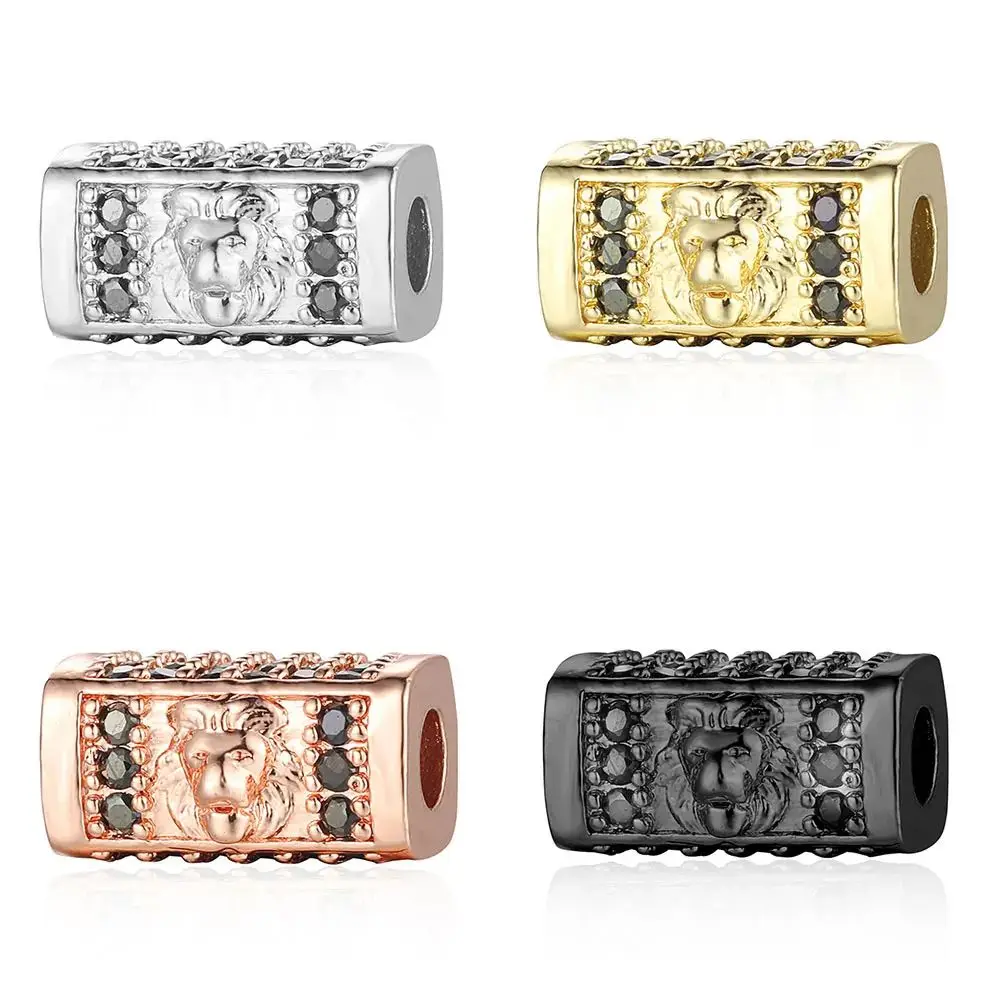 3pcs/Lot Black Cubic Zirconia Crystal Lion Head Cube Square Brass Spacer Beads Charms Rectangle DIY Handmade Jewelry Makings