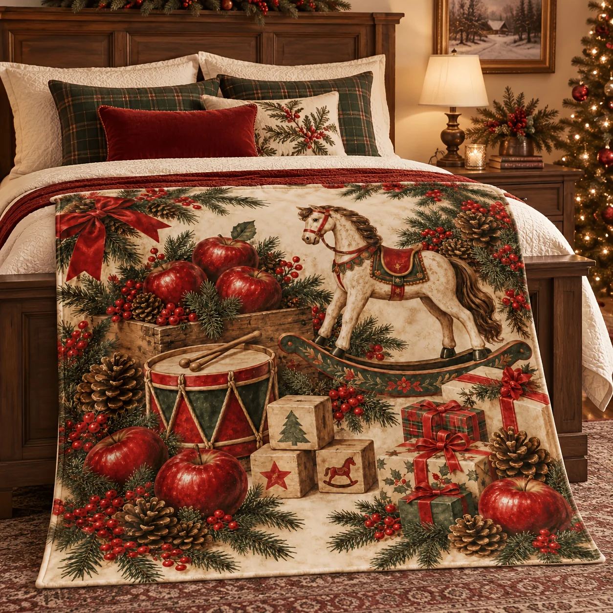 Vintage Christmas Toy Flannel Blanket Rocking Horse Drum Apple Gift Box Pine Branch Holiday Throw Blanket for Sofa Bed Couch Bedroom Living Room Home Decor Winter Decoration Seasonal Gift Cozy Nap Blanket Office Travel Festive Bedding Room Accent