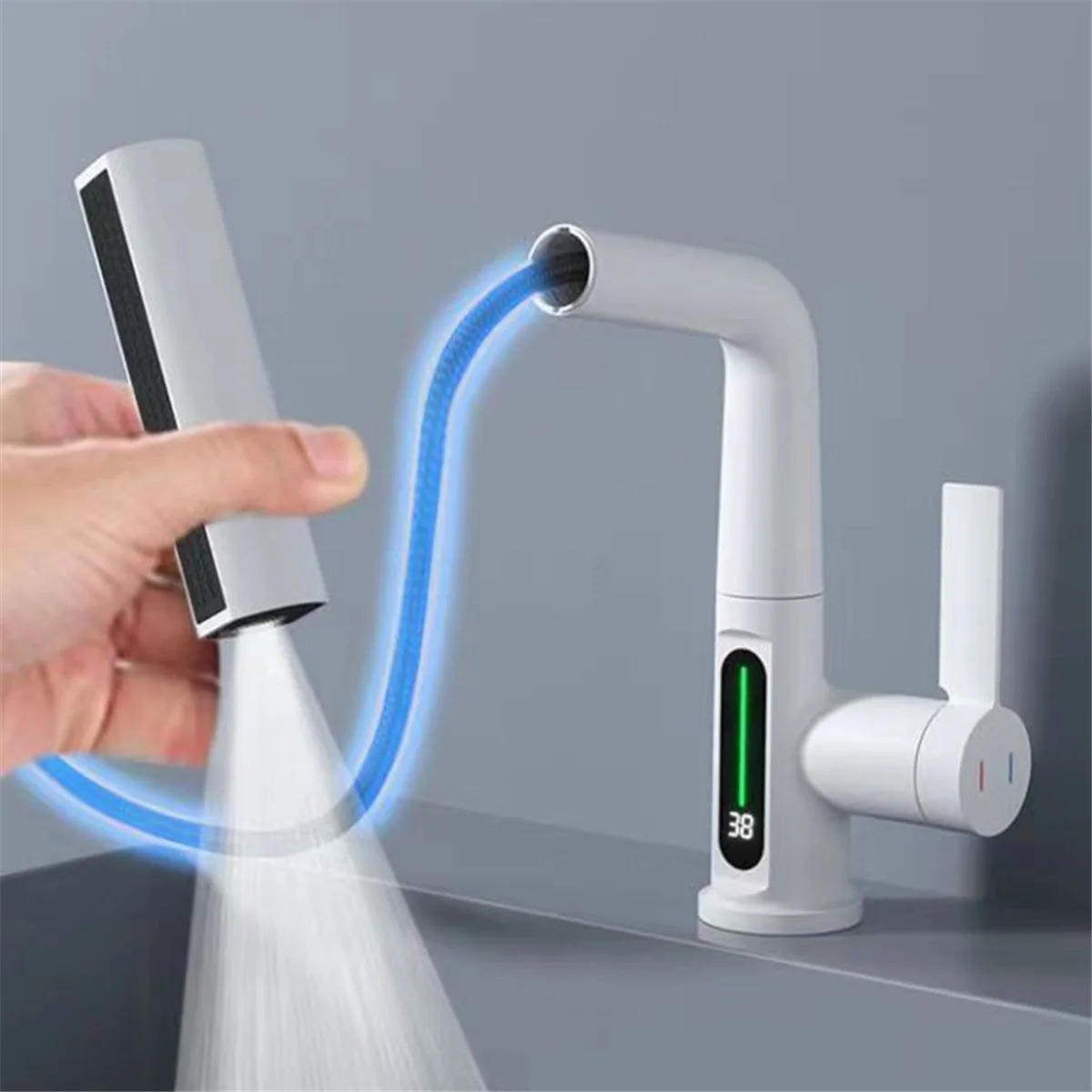 ABXHA شلال حوض صنبور سحب التدريجي المطبخ والحمام صنبور الأمطار درجة الحرارة شاشة ديجيتال لا بطارية بيضاء
