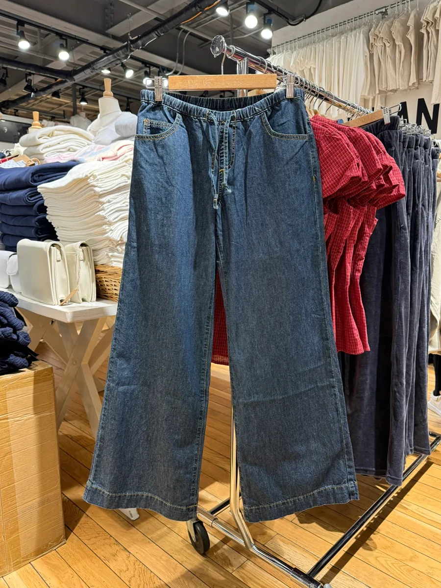 Jeans dritti vintage blu scuro Pantaloni estivi da donna in denim con coulisse in cotone a gamba larga Pantaloni streetwear femminili solidi per tutti i fiammiferi