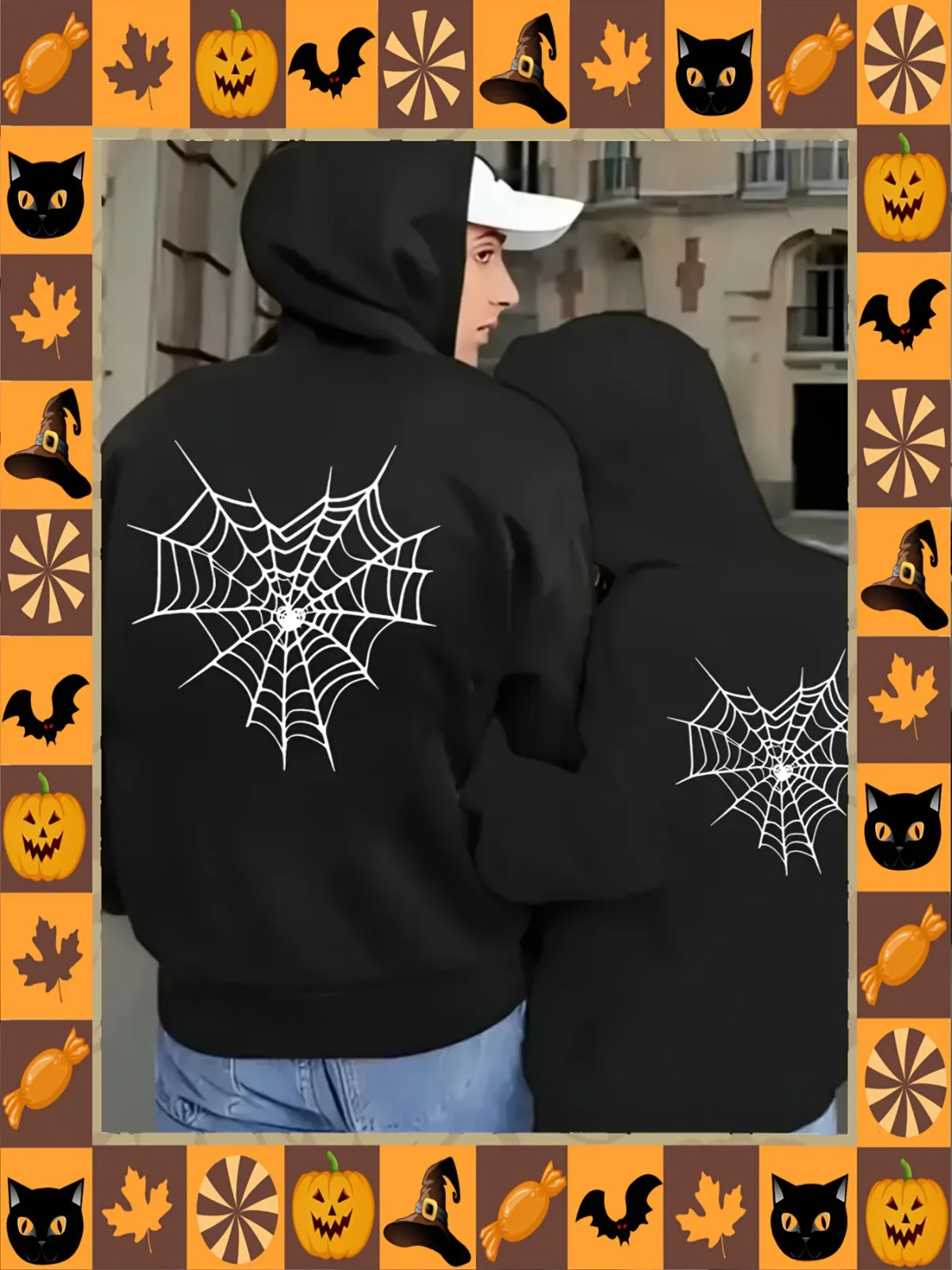 1 pezzo [stile per coppia] Divertimento modello gotico di ragnatela Design abbinato Felpe con cappuccio per coppia Comode felpe con cappuccio larghe per il regalo di San Valentino