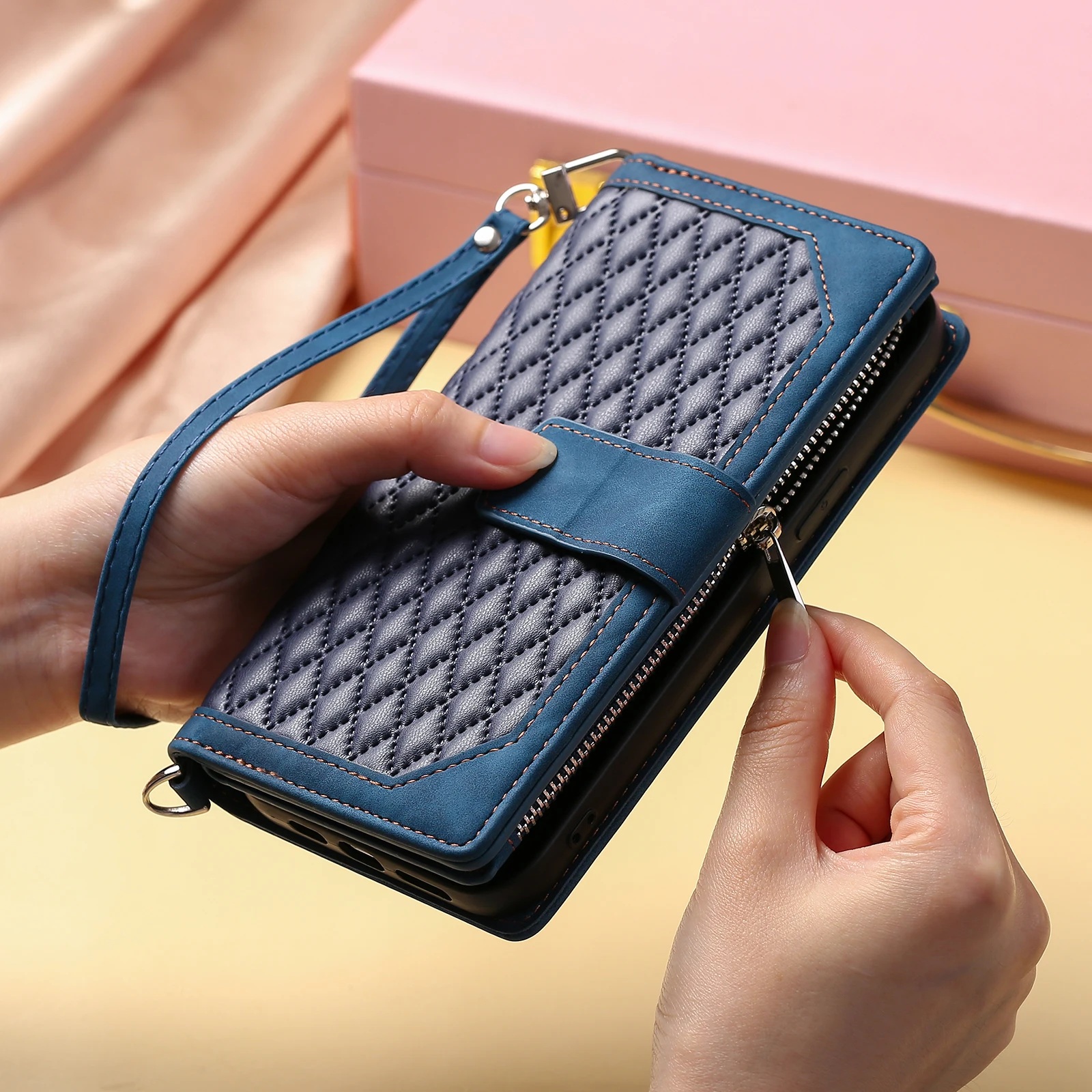 Rhombic Leather Case voor Samsung Galaxy S26 S25 Rand S24 Ultra S23 Plus FE A17 A16 A26 A36 A56 Flip Pols portemonnee Telefoon Cover