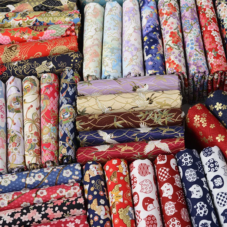 Japanese Fabric Flower Per Meter for Hanfu Cheongsam Kimono Sewing 100% Cotton Printed Cartoon Pattern Black Bronzing Cloth Soft