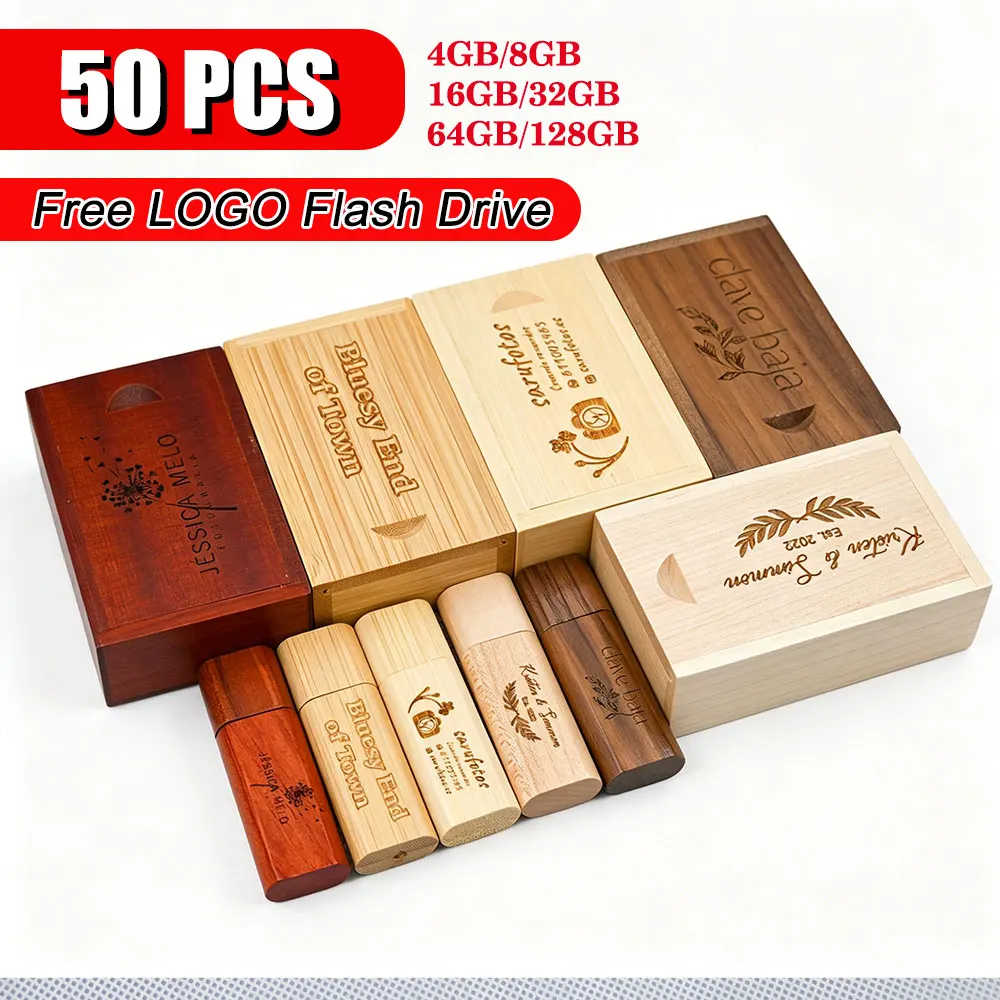50PCS LOT Wooden USB Flash Drive 128GB Free Custom Logo Memory Stick 64GB Creative Gift Box Pendrive 32GB Real Capacity U Disk