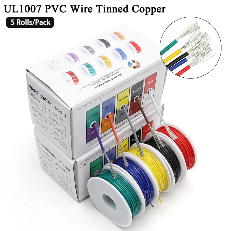 

（5 Colors Mix Kit）UL1007 Wire PVC Insulation Tinned Copper Cable Stranded Electrical Line 30/28/26/24/22/20/18/16 AWG PCB Wire