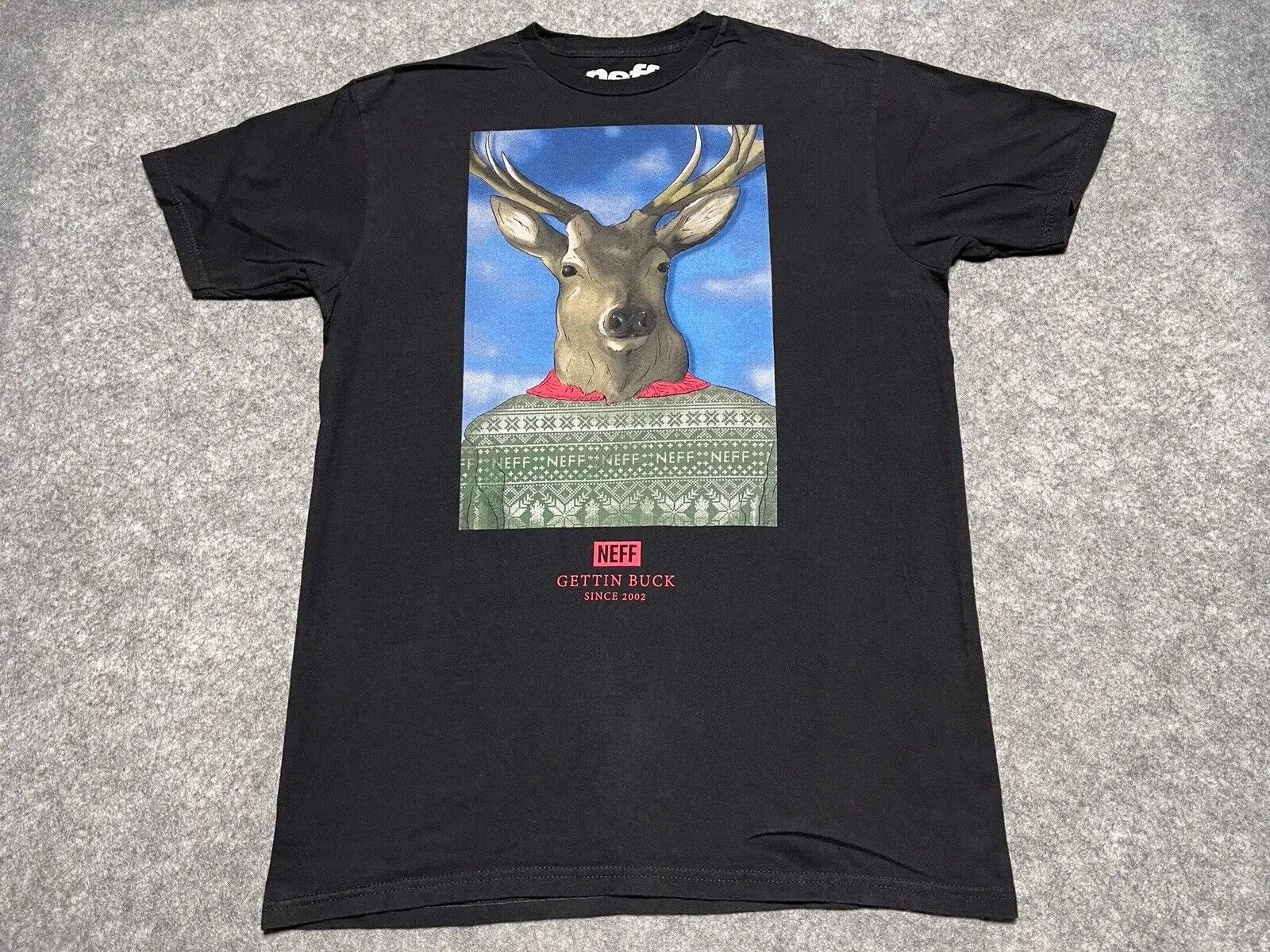 NEFF Deer Antlers Getting Buck Wild Christmas Sweater tee Shirt Medium Black