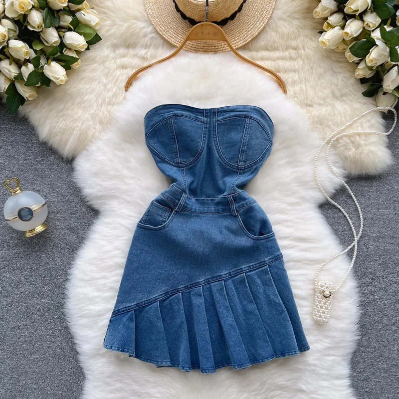 

Pure Desire Hottie Girl Strapless Denim Dress. Women's Summer New Sexy Off-the-shoulder Slim Splicing Denim A-line Short Dress