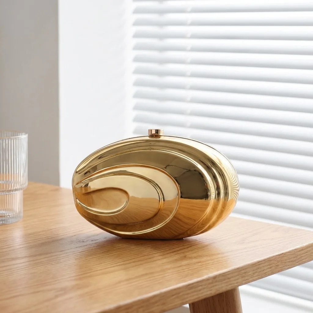 Retro High-end Mirror Polishing Process Elliptical Clutch Bag New Shiny Metal Texture Banquet Bag Women's Party Wedding Purse