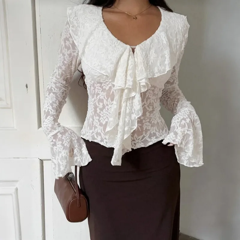 Tuularose Elegant Lace Top Fashion Ruffled Lace Patchwork Solid Shirt Sexy Cutout Commuter Chic New Streetwear 2026 Women's Tops