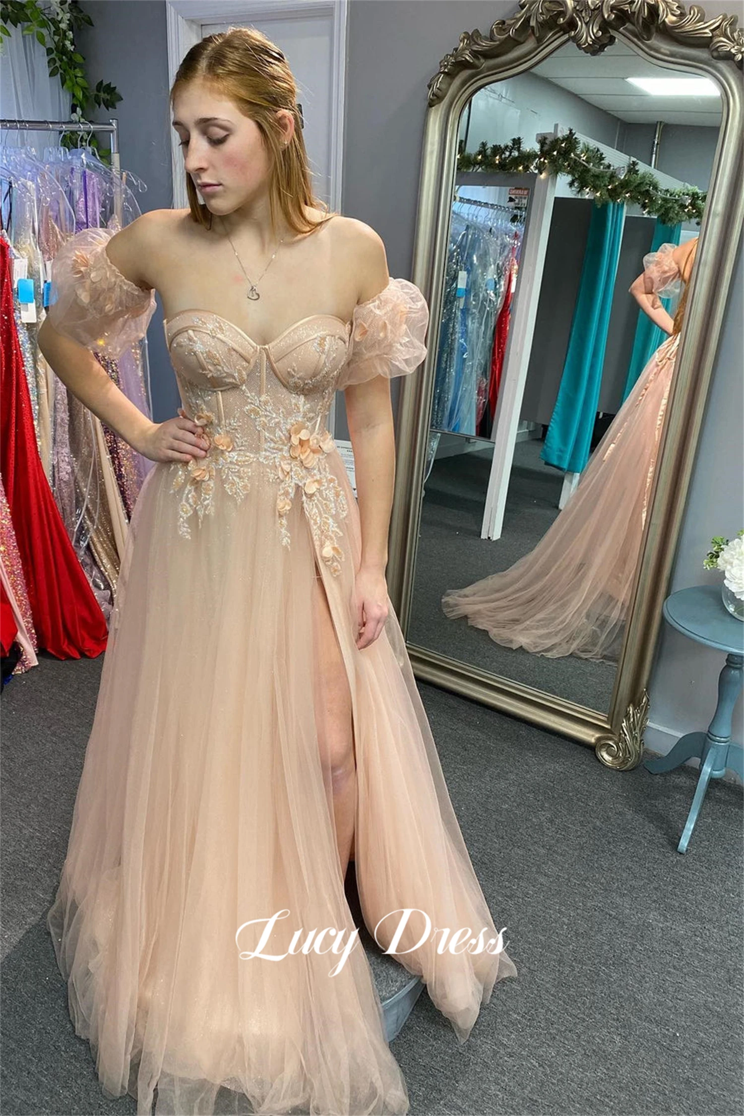 Lucy Shiny Strapless Ball Gown Mesh 3D Flower Decoration Graduation Evening Dresses Luxury 2024 Prom Gala Woman Gowns Customized