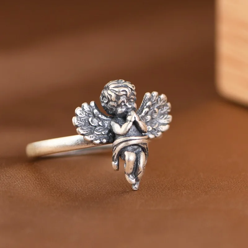 S925 Sterling Silver Rings for Women Men New Fashion Vintage Minimalist Cartoon Wings Angel Jewelry Adjustalbe Wholesale