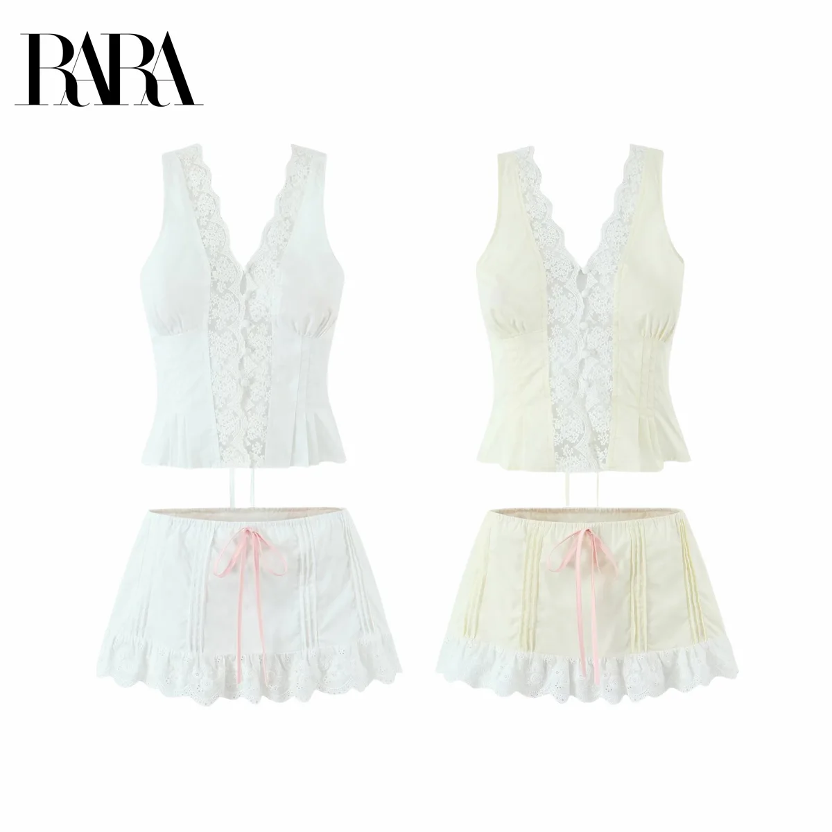 

RARA Womens Short Lace - trimmed Sleeveless Vest Top and Ultra - short Mini Lace - edged A - line Skirt Set Stylish Outfit