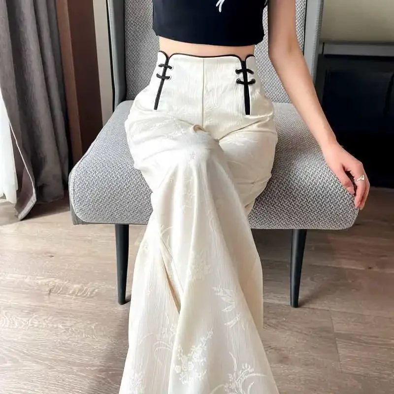 

New Chinese Style Jacquard Casual Pants Women's Summer Elegant High Waist Loose Sliming Narrow Straight Pants Wide Leg Pants