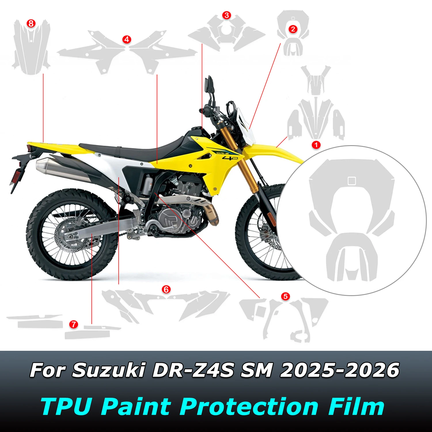For Suzuki DR-Z4S SM DRZ4S SM 2025-2026 PPF Motorcycle Paint Protection Fits Fairing Protection Clear TPU Anti-scratch Film