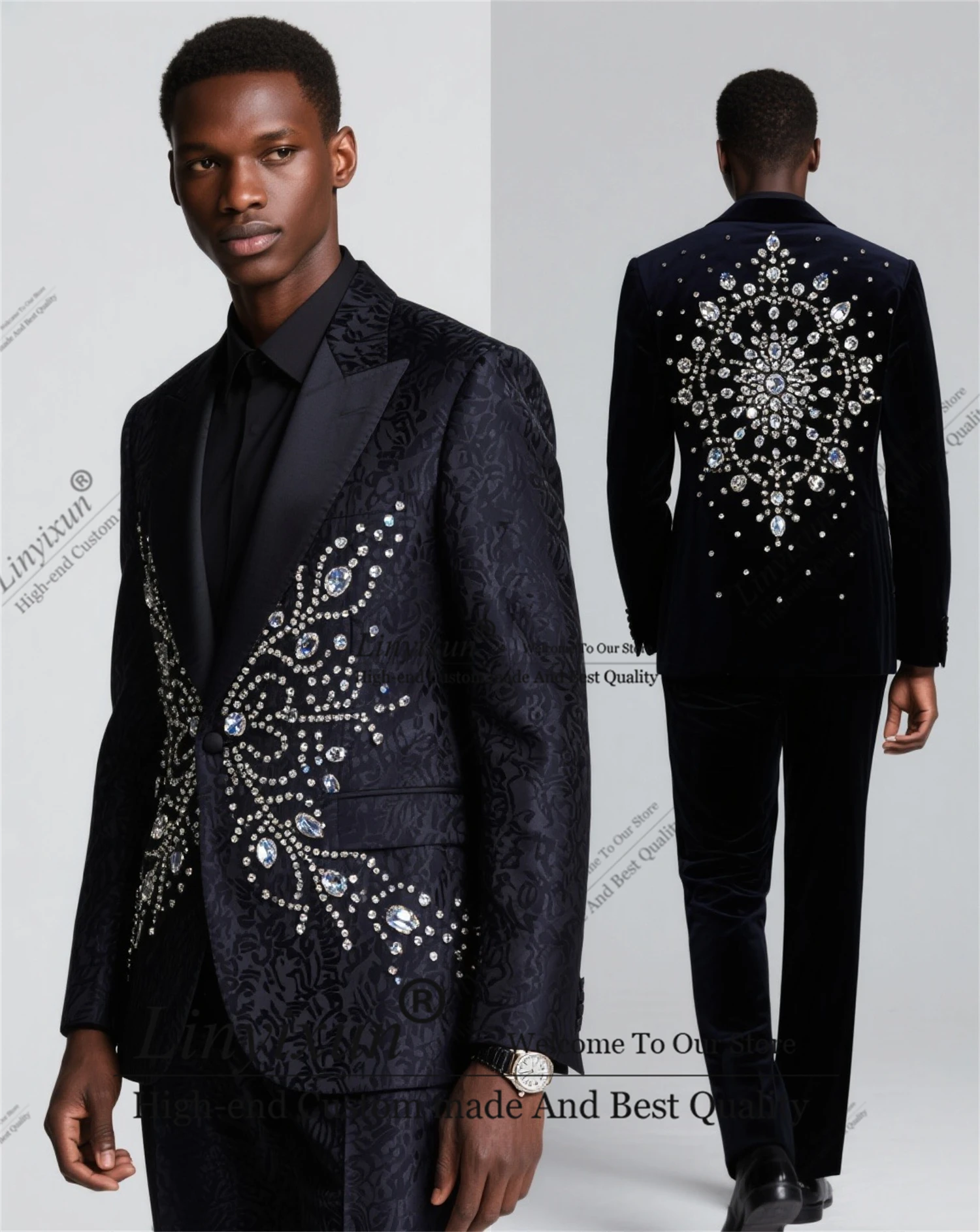 

Elegant Jacquard Diamond Men Suits 2 Pieces Party Prom Blazer Customized Costume Homme Weddinmg Slim Fit Groom Tuxedos
