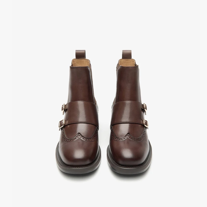 BEAUTODAY Chelsea Boots Women Genuine Leather Elastic Band Full Brogue Monk Design Solid Color Retro Ladies Shoes Handmade 03737 image 2