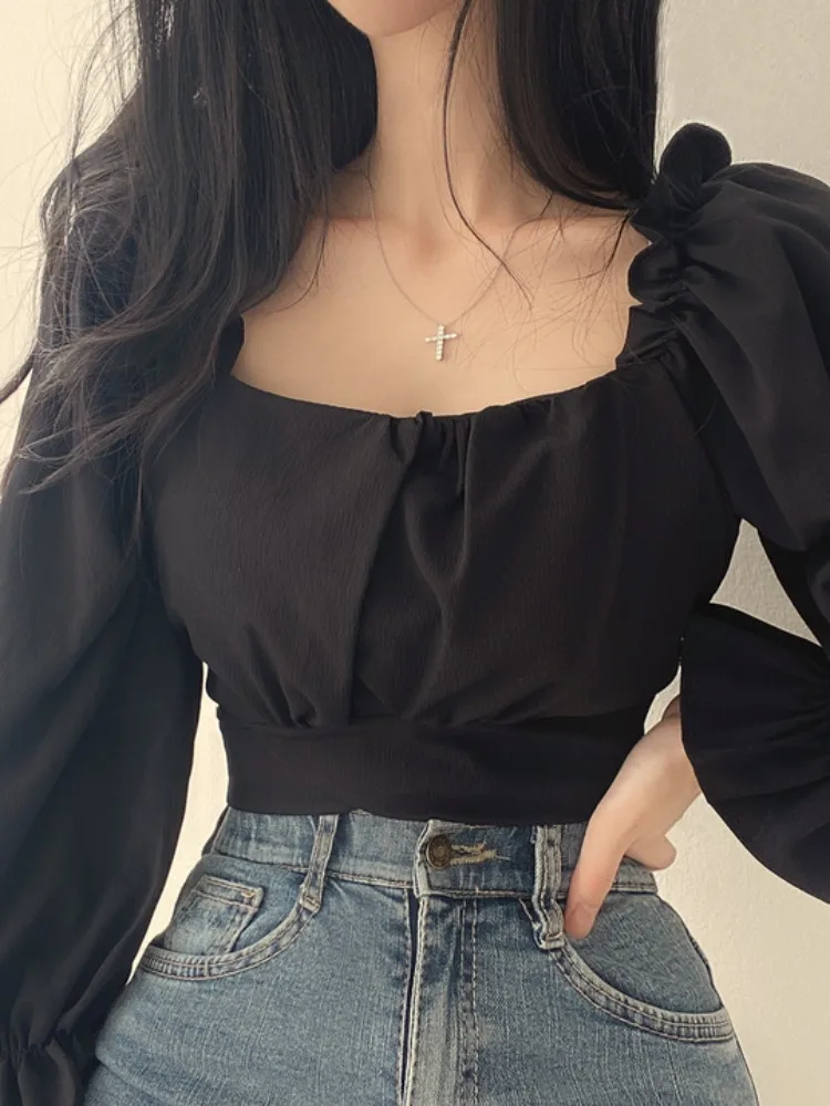 

Spring Chic Long Sve irt Square Collar Ba Strap Knot Waist in Slimming Versatile Design Street Sle Lantern...