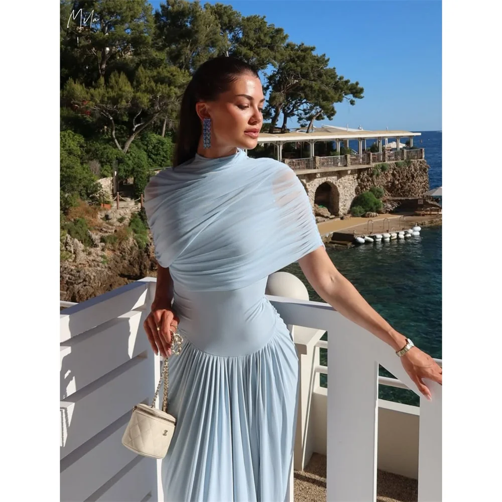 

Mila Sleeveless Simple Prom Dress Customized High Neck Luxurious Evening Dresses Blue Chiffon Floor-Length vestidos de fiesta