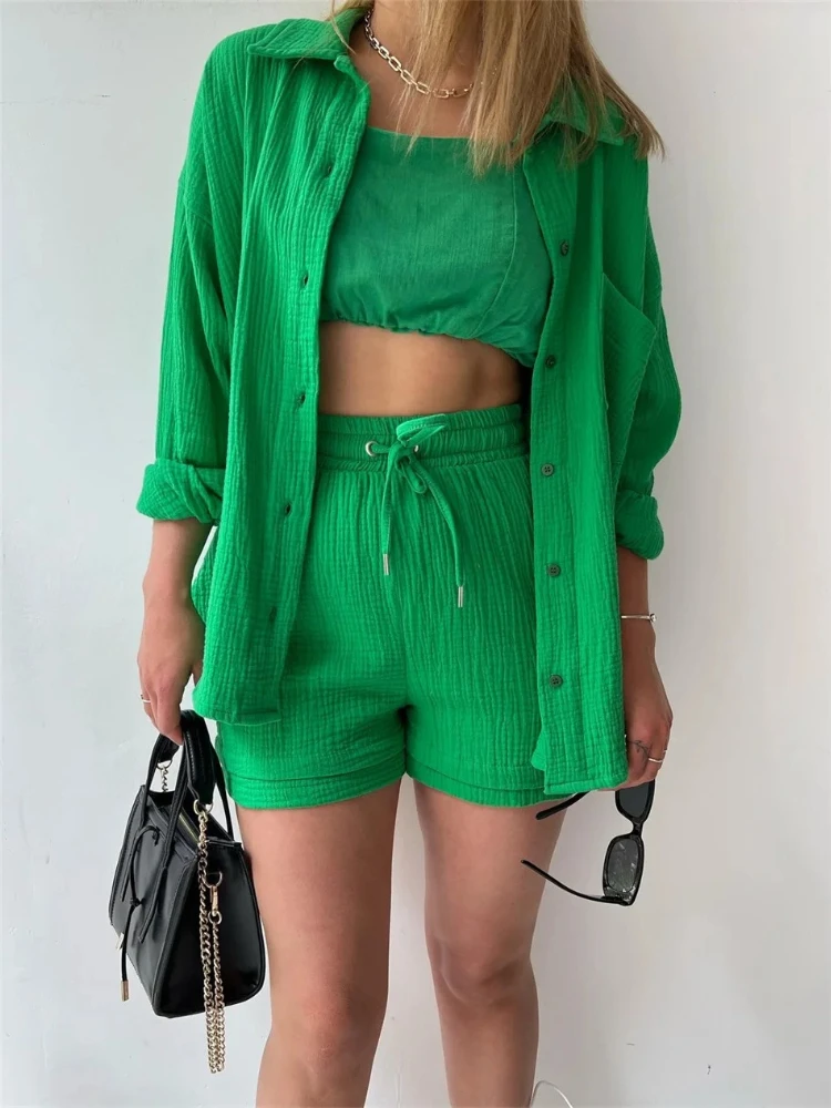 

New Women's Summer Suit Casual Cotton Turn-Down Collar Long Sleeve Tops Short Sets with Gauze Cardigan Shirt for Women Clothes