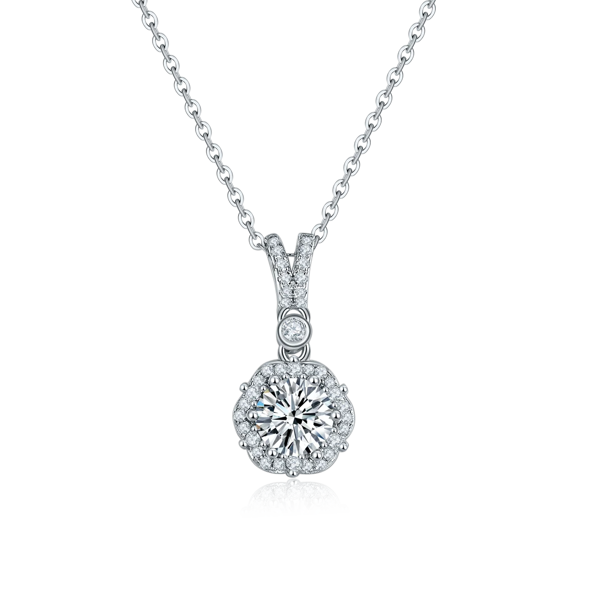 

P230303014 S925 Silver Plated 18K White Gold Flower Necklace Moissanite 1.0CT