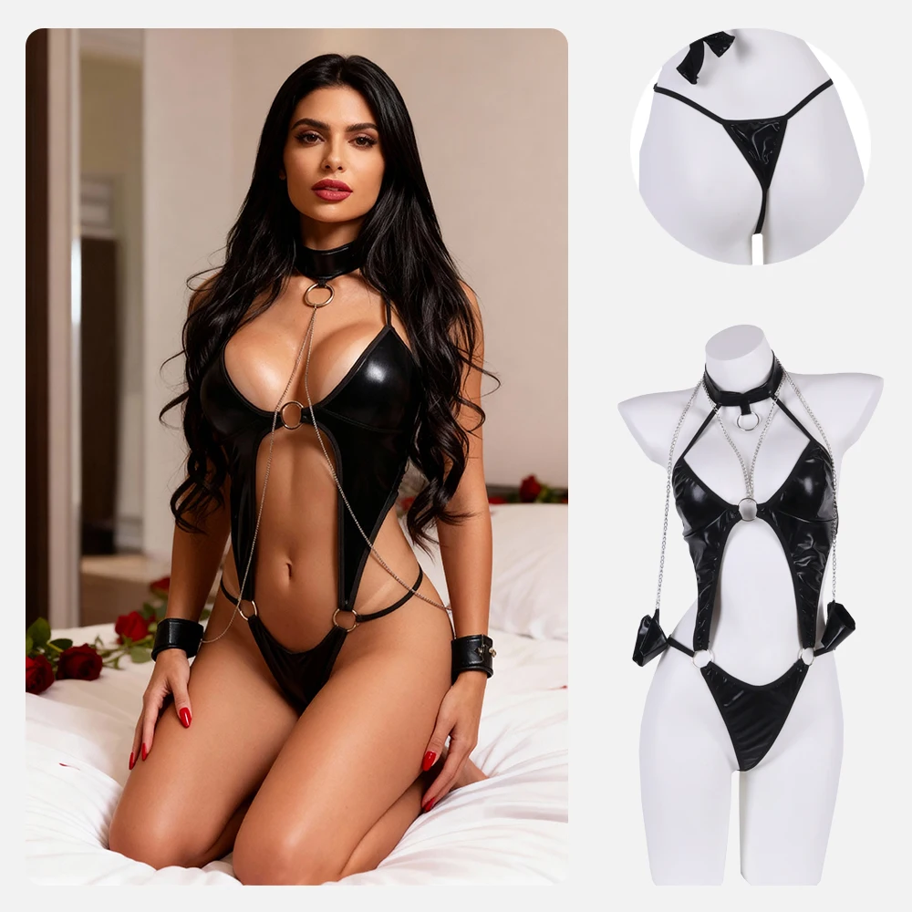 

Erotic Underwear, Leather Sexy Three-point One-piece Erotic Uniform, Nightclub Tight Suit, Flirtatious Erotic Clothing