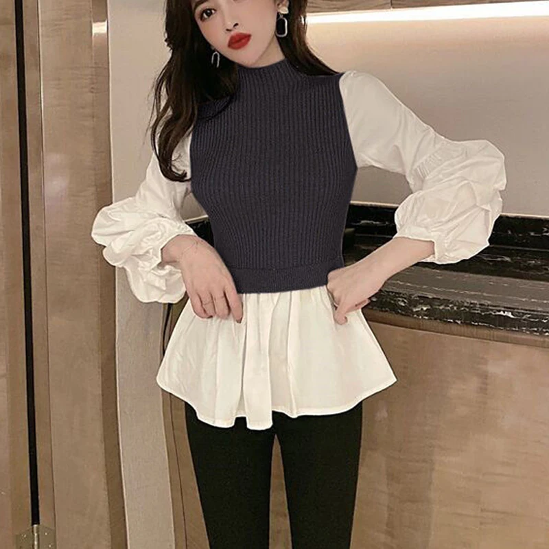 Spring Autumn Slim Patchwork Shirt Tops Long Sleeve Contrast Fake Two Piece Elegant Pullovers Vintage Fashion Women Clothing